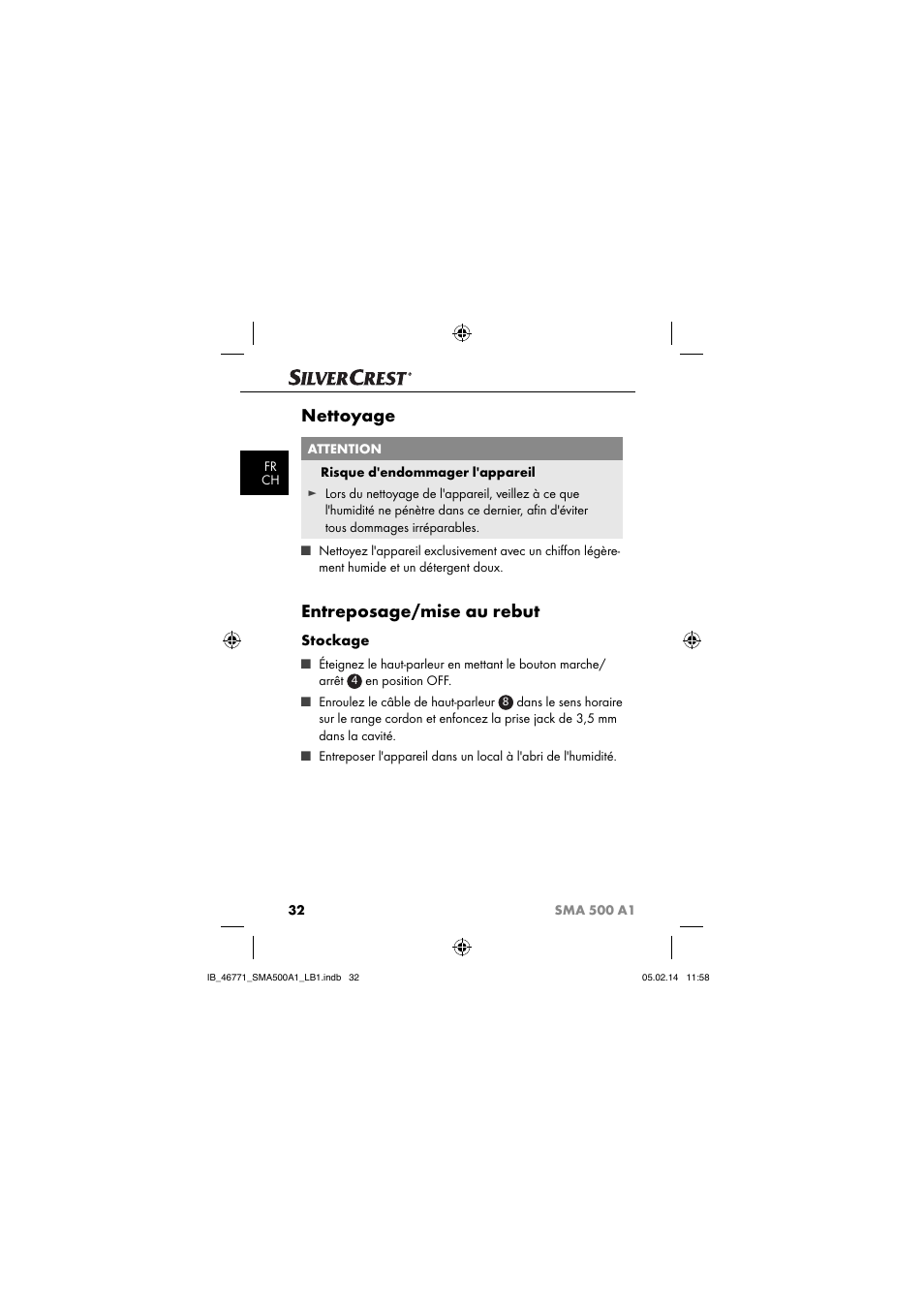 Nettoyage, Entreposage/mise au rebut, Stockage | Silvercrest SMA 500 A1 User Manual | Page 35 / 94