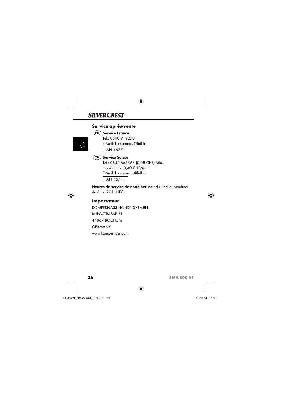 Service après-vente, Importateur | Silvercrest SMA 500 A1 User Manual | Page 39 / 94