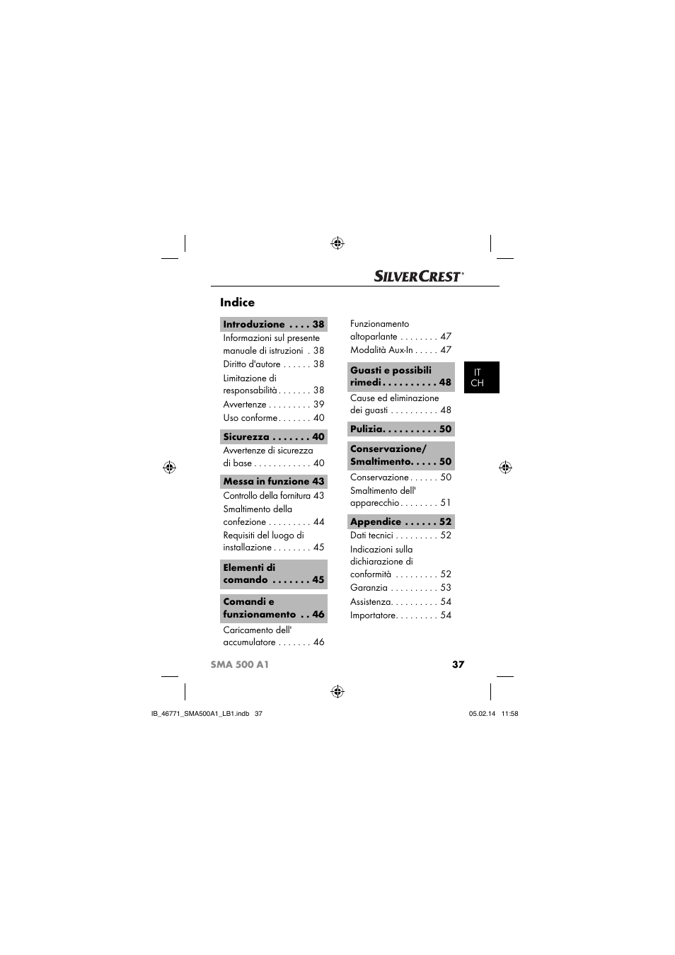 Indice | Silvercrest SMA 500 A1 User Manual | Page 40 / 94