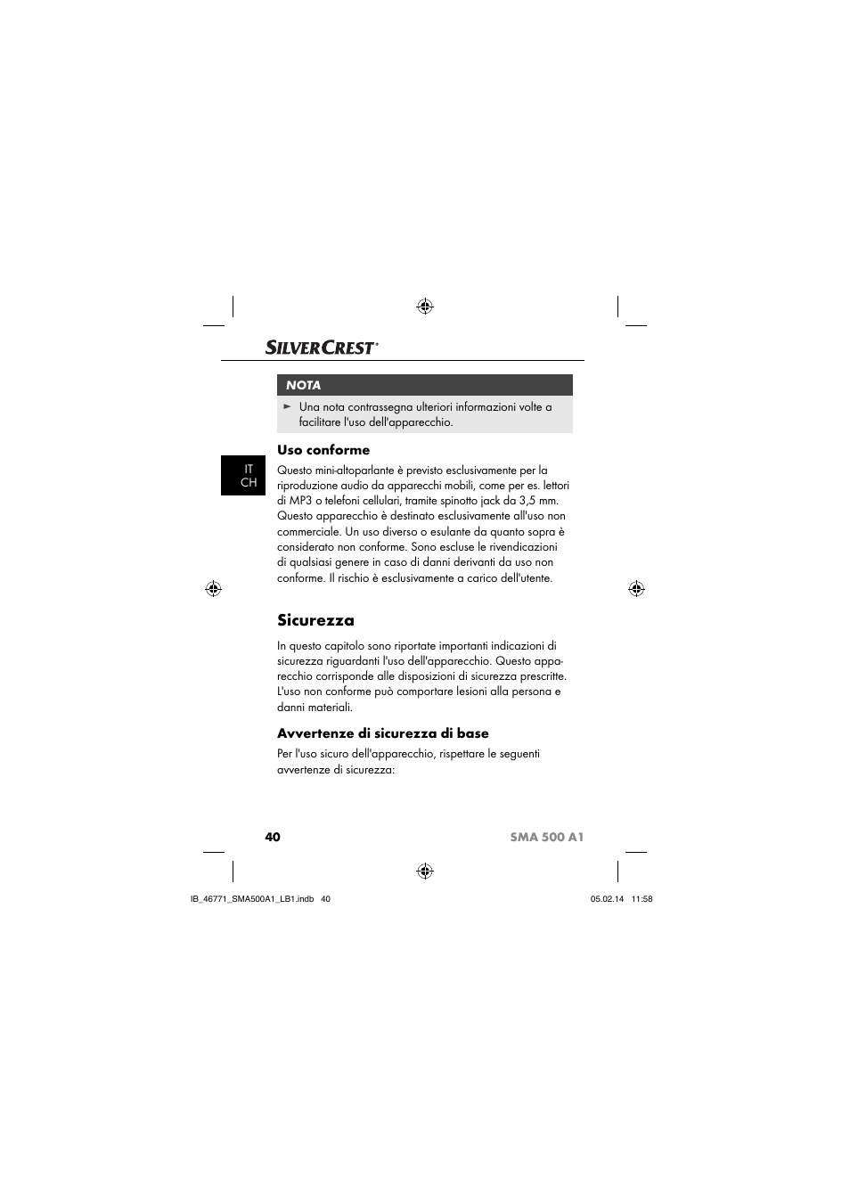 Sicurezza, Uso conforme, Avvertenze di sicurezza di base | Silvercrest SMA 500 A1 User Manual | Page 43 / 94