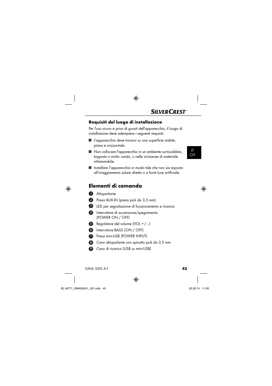 Elementi di comando, Requisiti del luogo di installazione | Silvercrest SMA 500 A1 User Manual | Page 48 / 94