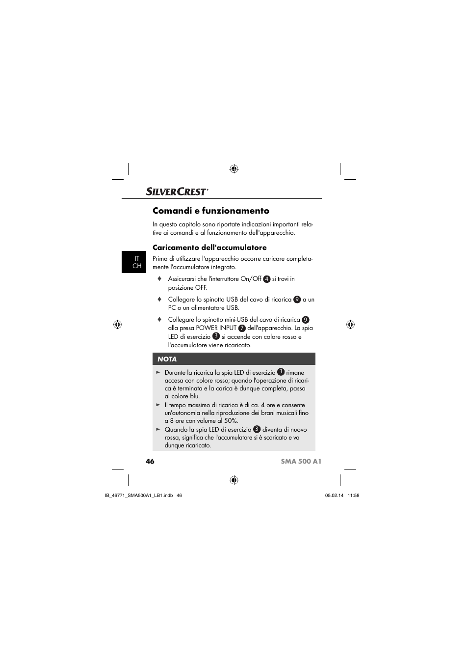 Comandi e funzionamento, Caricamento dell'accumulatore | Silvercrest SMA 500 A1 User Manual | Page 49 / 94