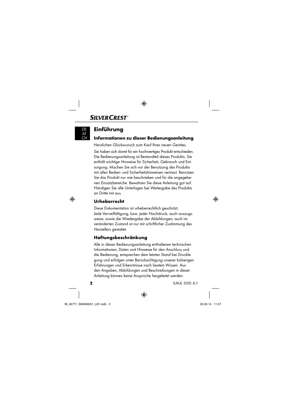 Einführung, Informationen zu dieser bedienungsanleitung, Urheberrecht | Haftungsbeschränkung | Silvercrest SMA 500 A1 User Manual | Page 5 / 94