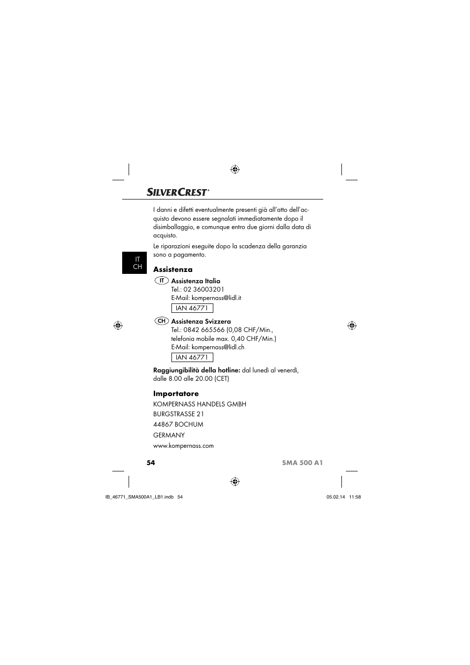 Assistenza, Importatore | Silvercrest SMA 500 A1 User Manual | Page 57 / 94