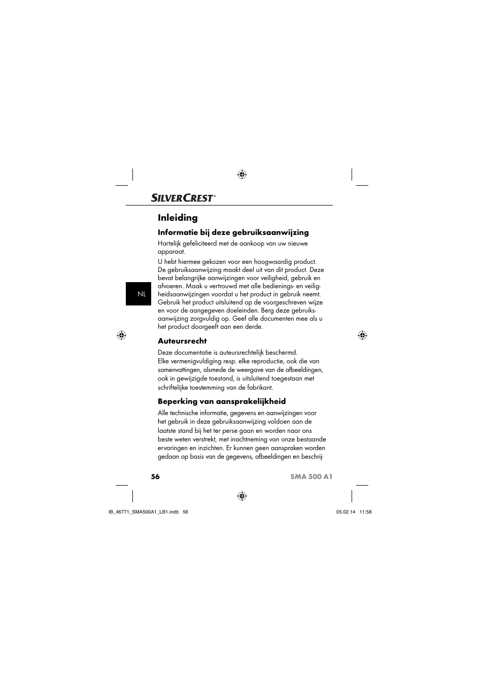 Inleiding, Informatie bij deze gebruiksaanwijzing, Auteursrecht | Beperking van aansprakelijkheid | Silvercrest SMA 500 A1 User Manual | Page 59 / 94