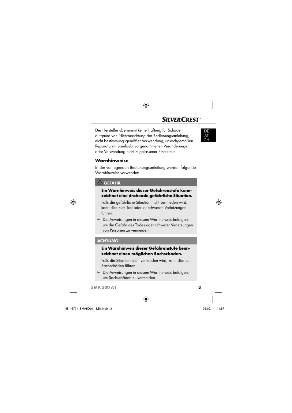 Warnhinweise | Silvercrest SMA 500 A1 User Manual | Page 6 / 94