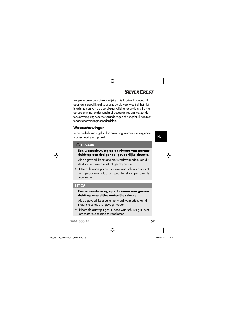 Waarschuwingen | Silvercrest SMA 500 A1 User Manual | Page 60 / 94