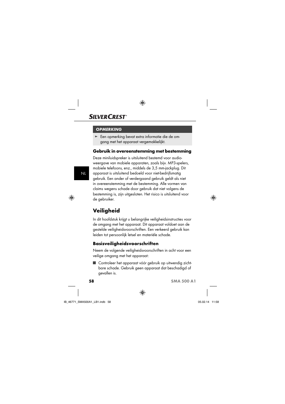 Veiligheid, Gebruik in overeenstemming met bestemming, Basisveiligheidsvoorschriften | Silvercrest SMA 500 A1 User Manual | Page 61 / 94