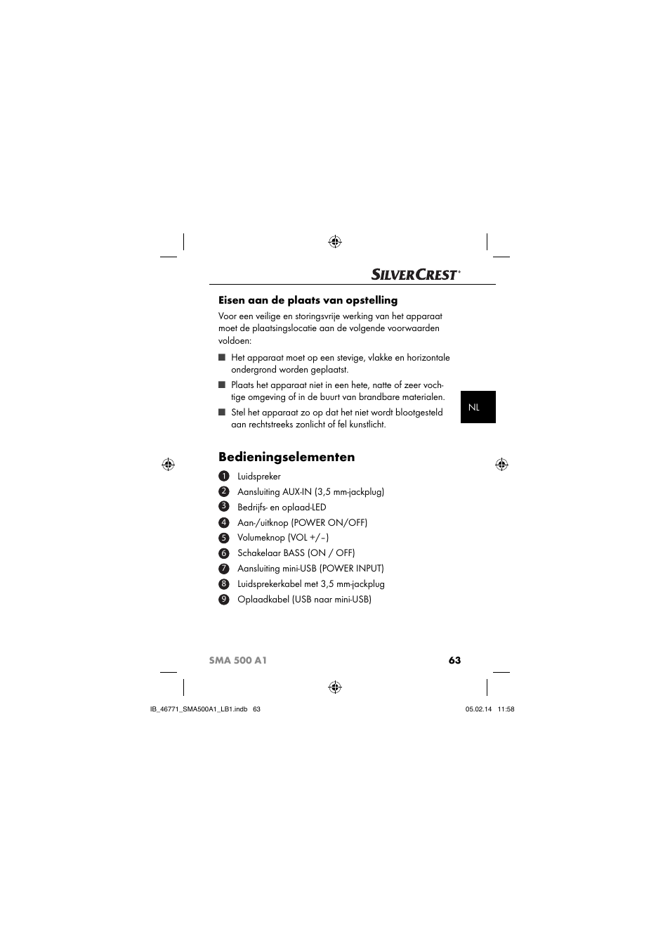Bedieningselementen, Eisen aan de plaats van opstelling | Silvercrest SMA 500 A1 User Manual | Page 66 / 94