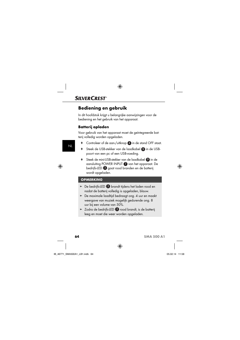 Bediening en gebruik, Batterij opladen | Silvercrest SMA 500 A1 User Manual | Page 67 / 94