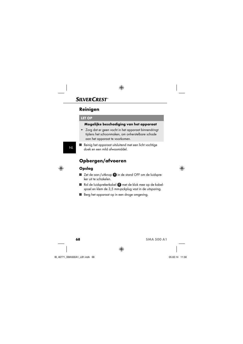 Reinigen, Opbergen/afvoeren, Opslag | Silvercrest SMA 500 A1 User Manual | Page 71 / 94