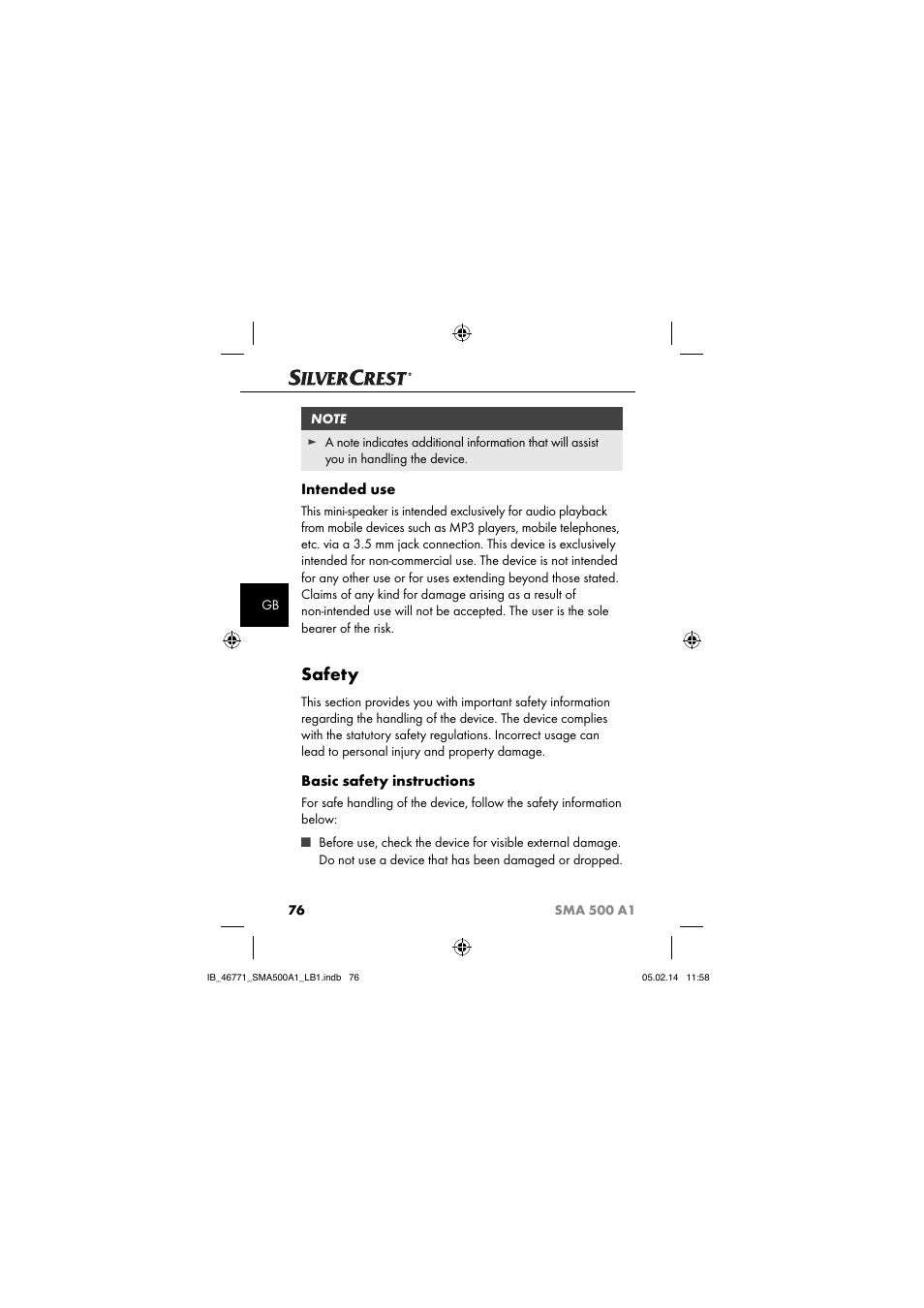 Safety, Intended use, Basic safety instructions | Silvercrest SMA 500 A1 User Manual | Page 79 / 94