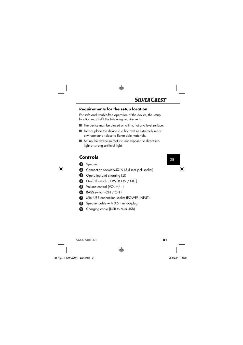 Controls, Requirements for the setup location | Silvercrest SMA 500 A1 User Manual | Page 84 / 94