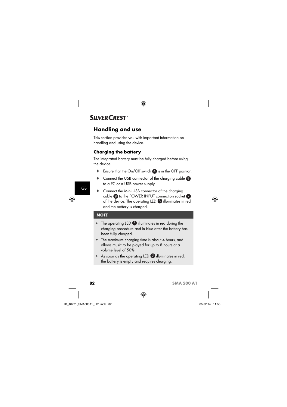 Handling and use, Charging the battery | Silvercrest SMA 500 A1 User Manual | Page 85 / 94