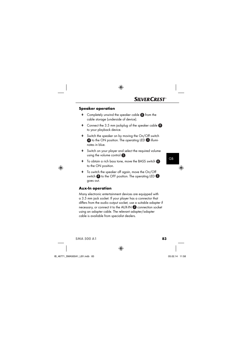 Speaker operation, Aux-in operation | Silvercrest SMA 500 A1 User Manual | Page 86 / 94