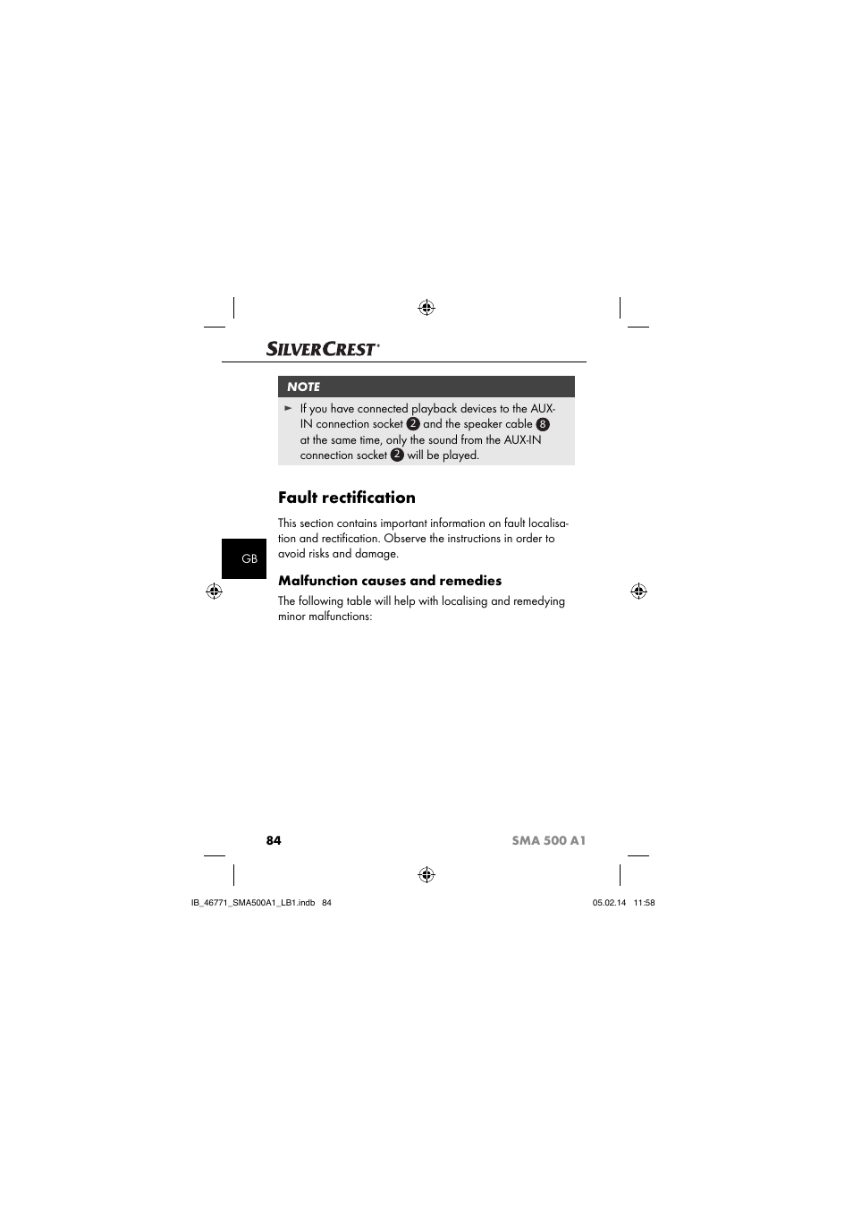 Fault rectiﬁ cation, Malfunction causes and remedies | Silvercrest SMA 500 A1 User Manual | Page 87 / 94