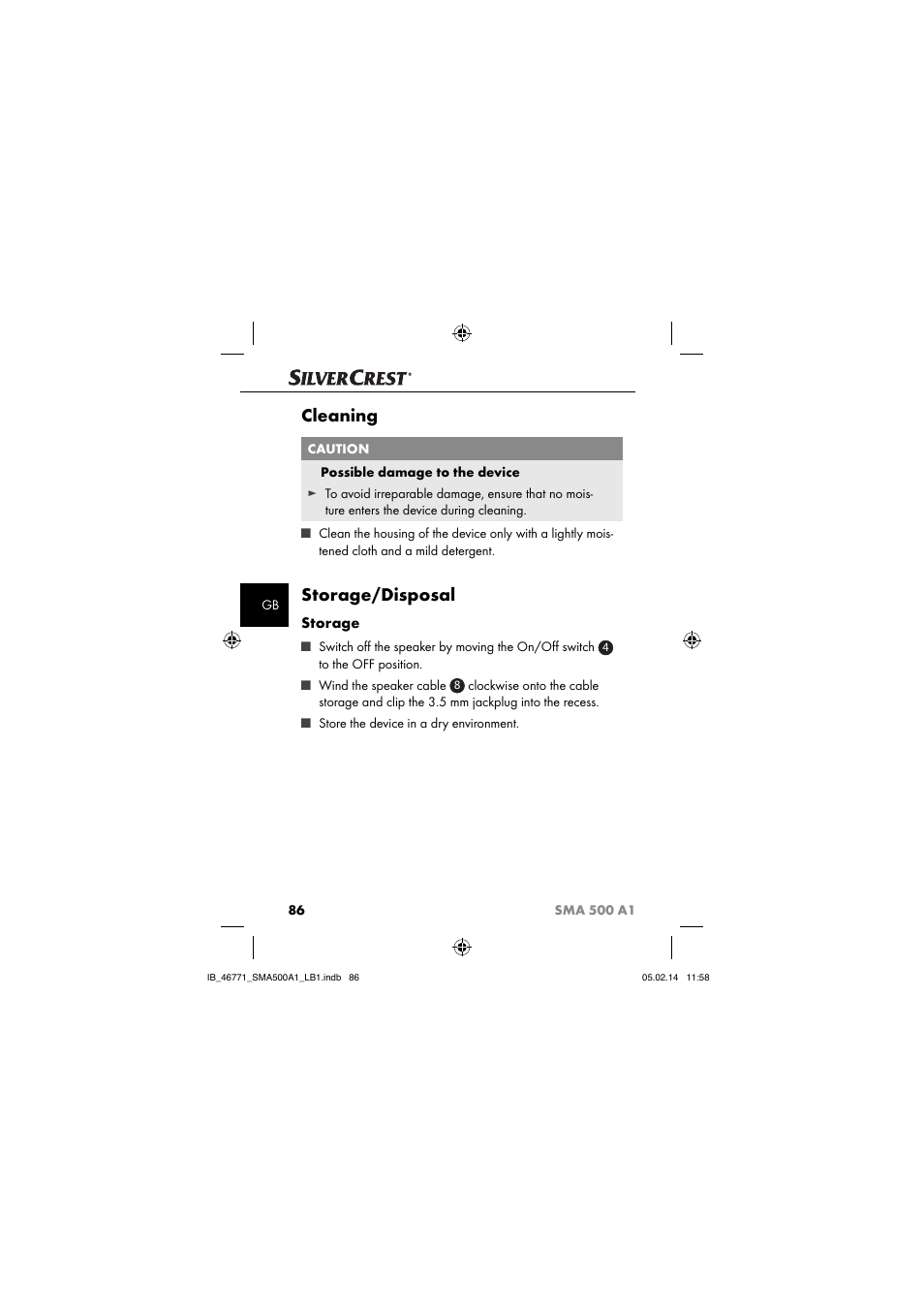 Cleaning, Storage/disposal, Storage | Silvercrest SMA 500 A1 User Manual | Page 89 / 94