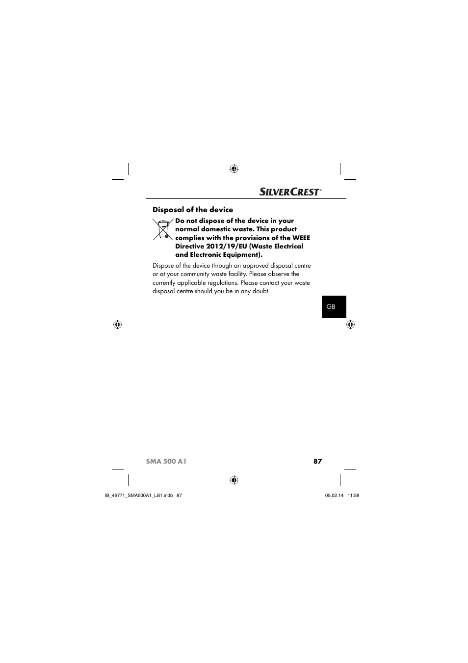 Disposal of the device | Silvercrest SMA 500 A1 User Manual | Page 90 / 94