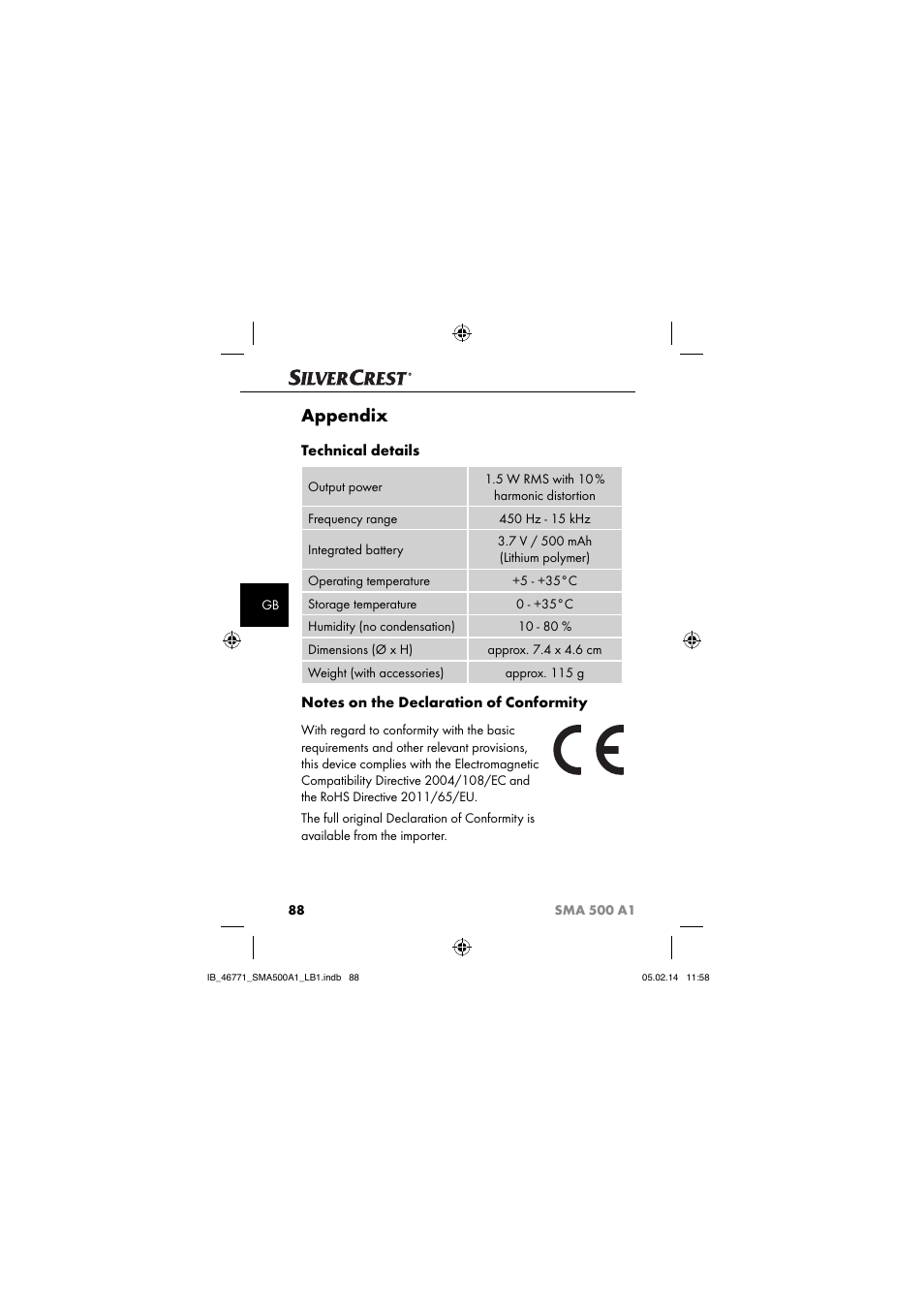 Appendix, Technical details | Silvercrest SMA 500 A1 User Manual | Page 91 / 94