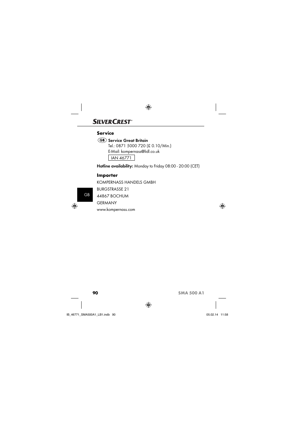 Service, Importer | Silvercrest SMA 500 A1 User Manual | Page 93 / 94