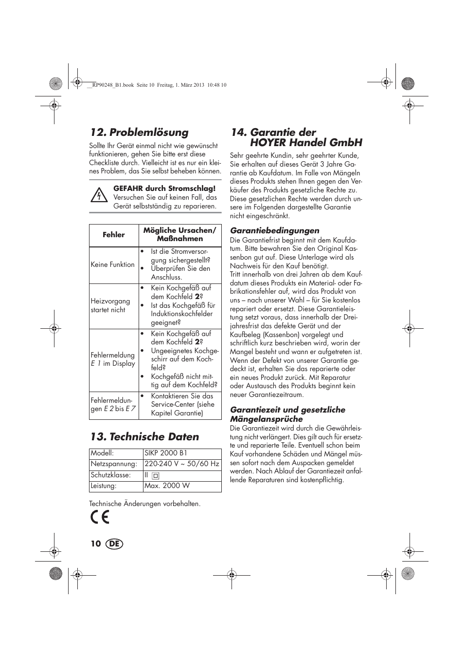 Problemlösung, Technische daten, Garantie der hoyerhandel gmbh | Silvercrest SIKP 2000 B1 User Manual | Page 12 / 54