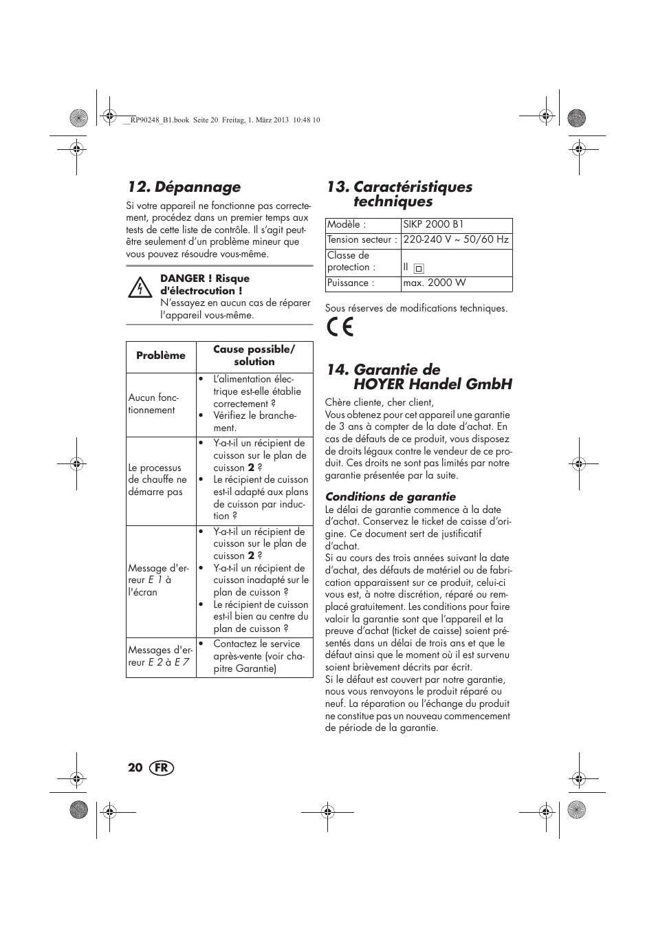 Dépannage, Caractéristiques techniques, Garantie de hoyer handel gmbh | Silvercrest SIKP 2000 B1 User Manual | Page 22 / 54