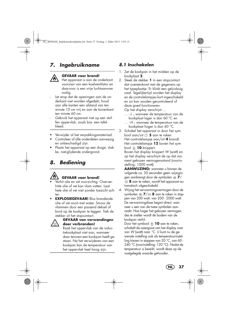 Ingebruikname, Bediening | Silvercrest SIKP 2000 B1 User Manual | Page 39 / 54