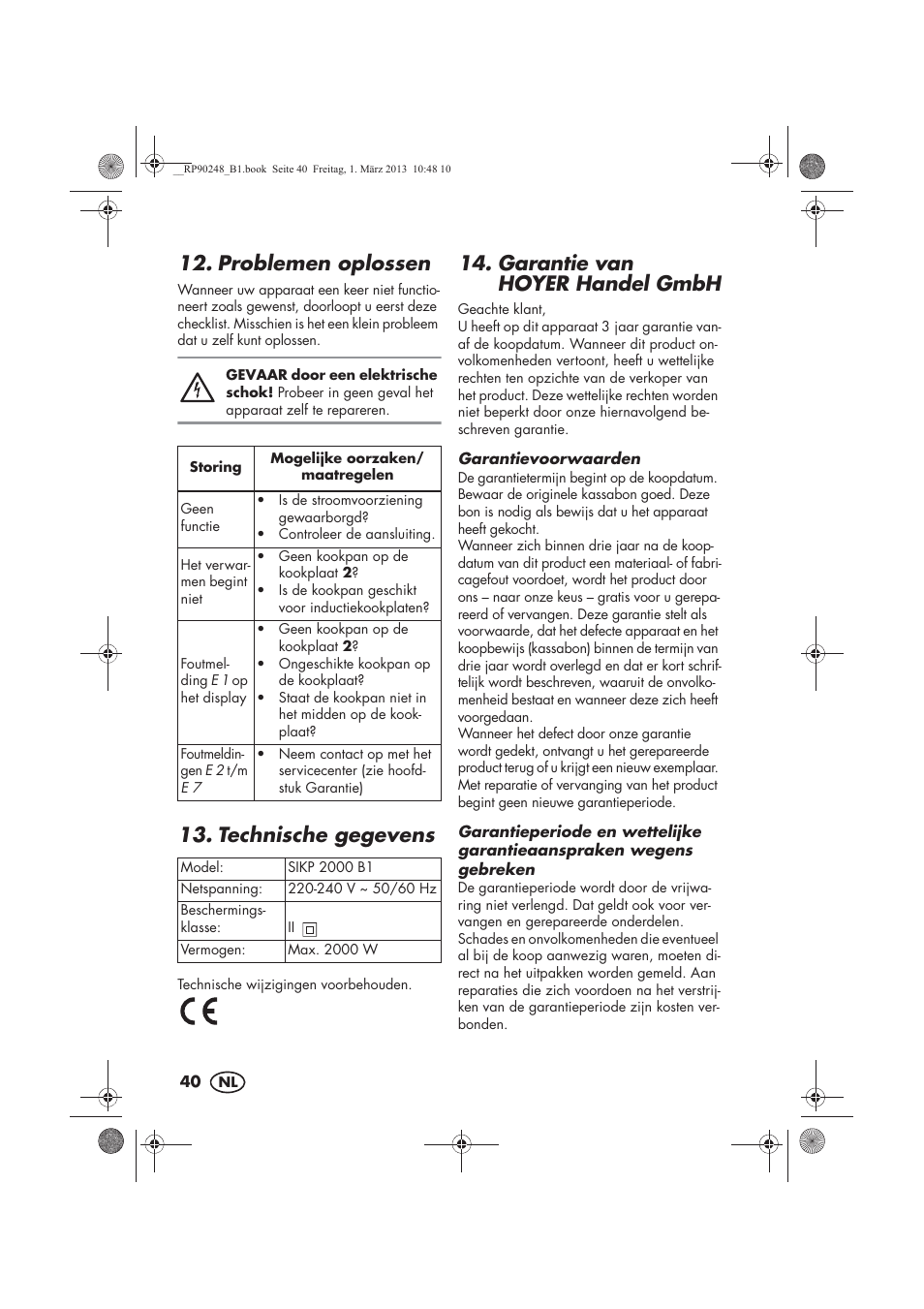 Problemen oplossen, Technische gegevens, Garantie van hoyerhandel gmbh | Silvercrest SIKP 2000 B1 User Manual | Page 42 / 54