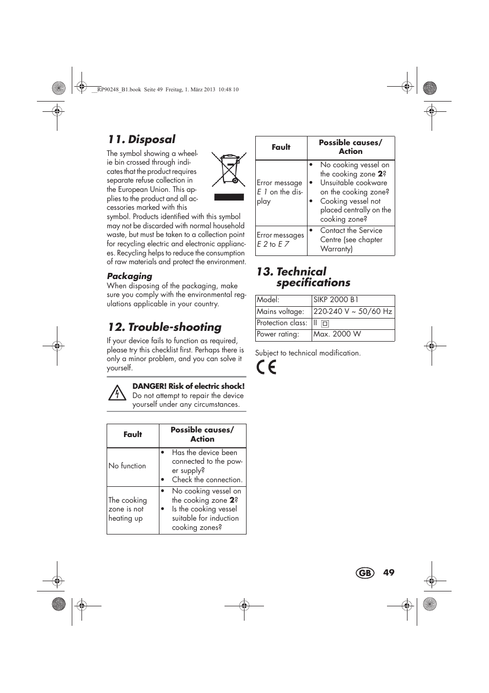 Disposal, Trouble-shooting, Technical specifications | Silvercrest SIKP 2000 B1 User Manual | Page 51 / 54
