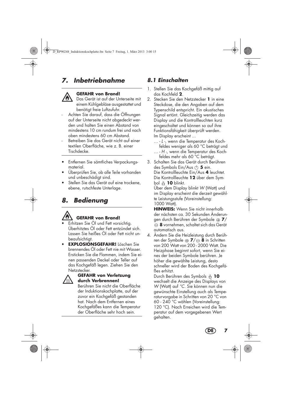 Inbetriebnahme, Bedienung | Silvercrest SIKP 2000 B1 User Manual | Page 9 / 54