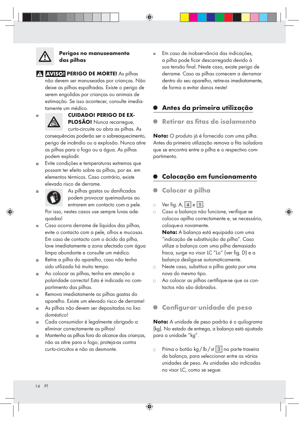 Colocação em funcionamento colocar a pilha, Conﬁgurar unidade de peso | Silvercrest Z31213A Z31213B User Manual | Page 14 / 24
