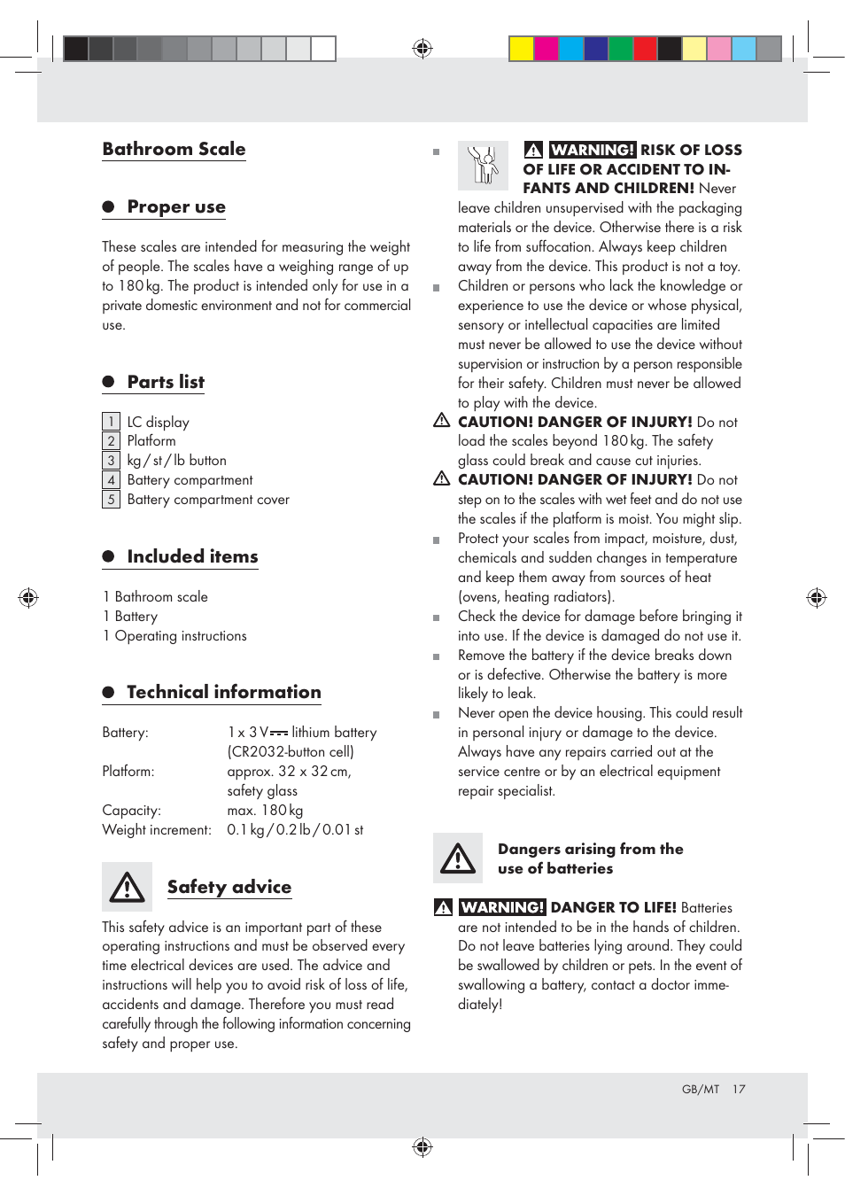 Bathroom scale proper use, Parts list, Included items | Technical information, Safety advice | Silvercrest Z31213A Z31213B User Manual | Page 17 / 24