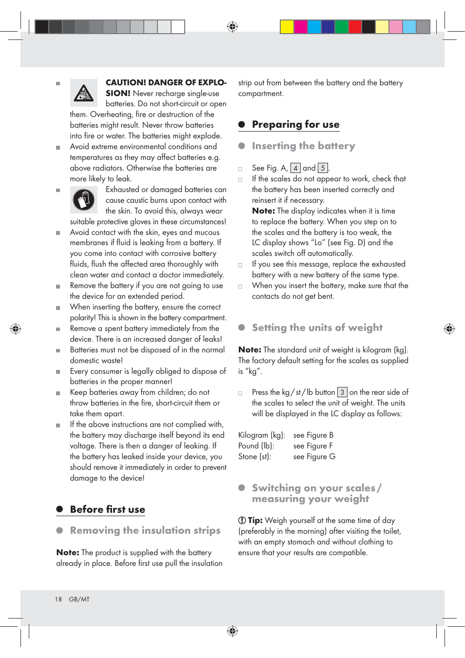 Before ﬁrst use removing the insulation strips, Preparing for use inserting the battery, Setting the units of weight | Switching on your scales / measuring your weight | Silvercrest Z31213A Z31213B User Manual | Page 18 / 24