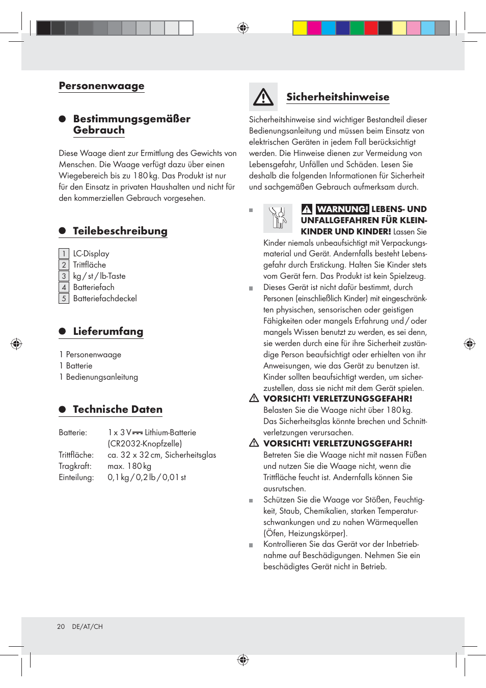 Personenwaage bestimmungsgemäßer gebrauch, Teilebeschreibung, Lieferumfang | Technische daten, Sicherheitshinweise | Silvercrest Z31213A Z31213B User Manual | Page 20 / 24