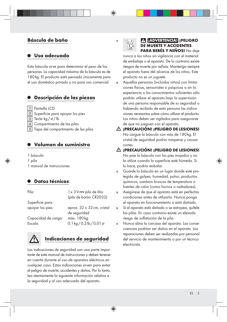 Báscula de baño uso adecuado, Descripción de las piezas, Volumen de suministro | Datos técnicos, Indicaciones de seguridad | Silvercrest Z31213A Z31213B User Manual | Page 5 / 24