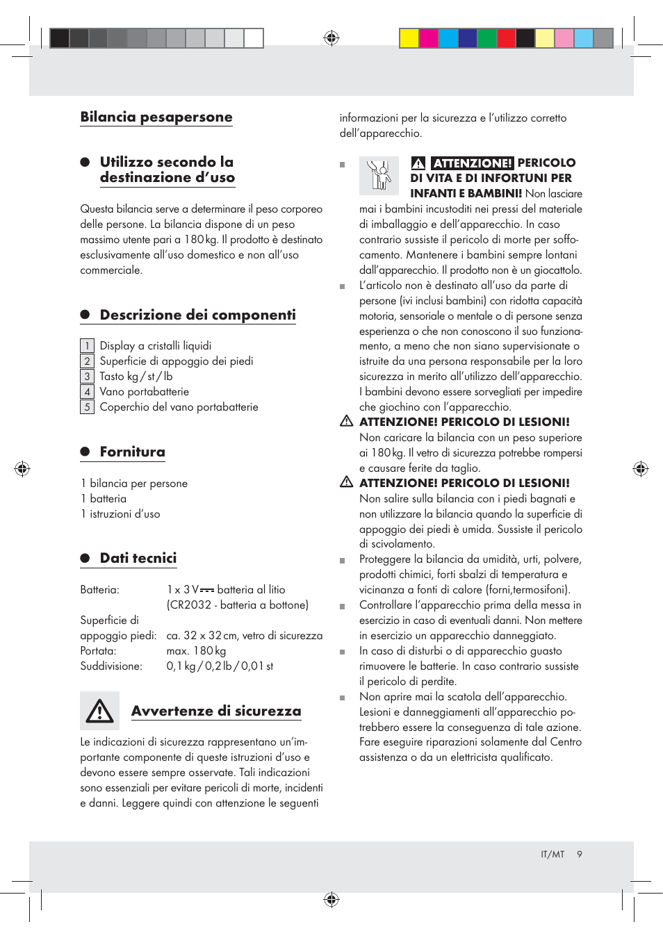 Descrizione dei componenti, Fornitura, Dati tecnici | Avvertenze di sicurezza | Silvercrest Z31213A Z31213B User Manual | Page 9 / 24