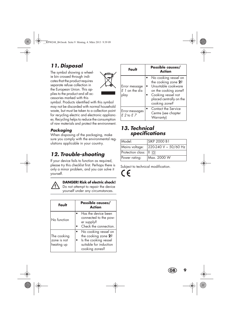 Disposal, Trouble-shooting, Technical specifications | Silvercrest SIKP 2000 B1 User Manual | Page 11 / 78