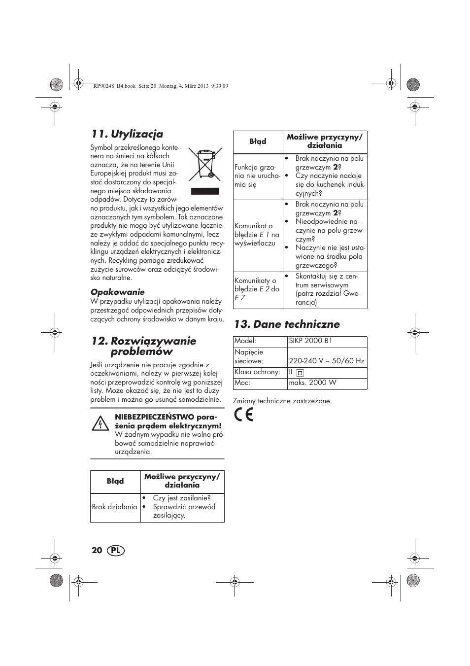 Utylizacja, Rozwizywanie problemów, Dane techniczne | Silvercrest SIKP 2000 B1 User Manual | Page 22 / 78