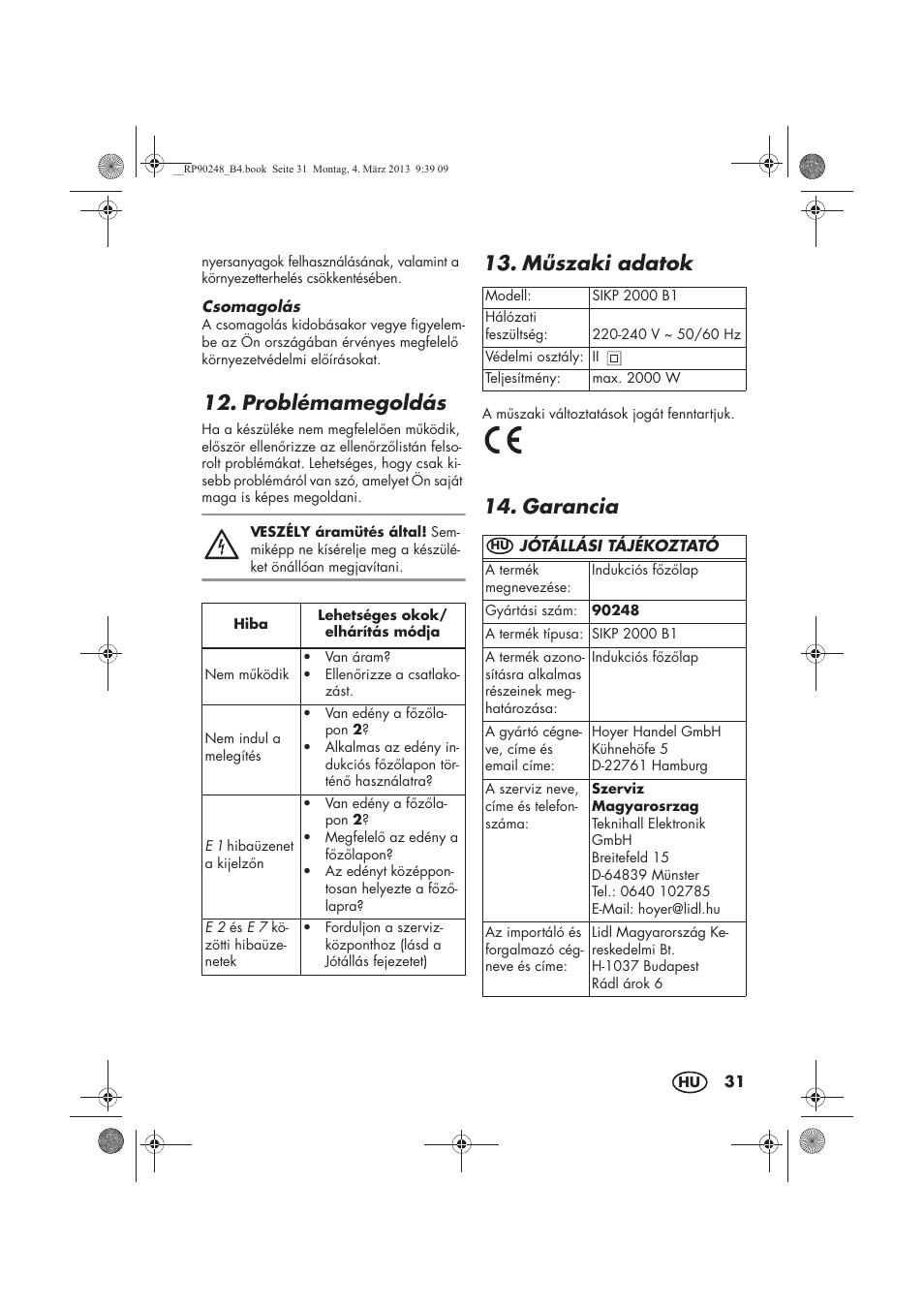 Problémamegoldás, Mszaki adatok, Garancia | Silvercrest SIKP 2000 B1 User Manual | Page 33 / 78