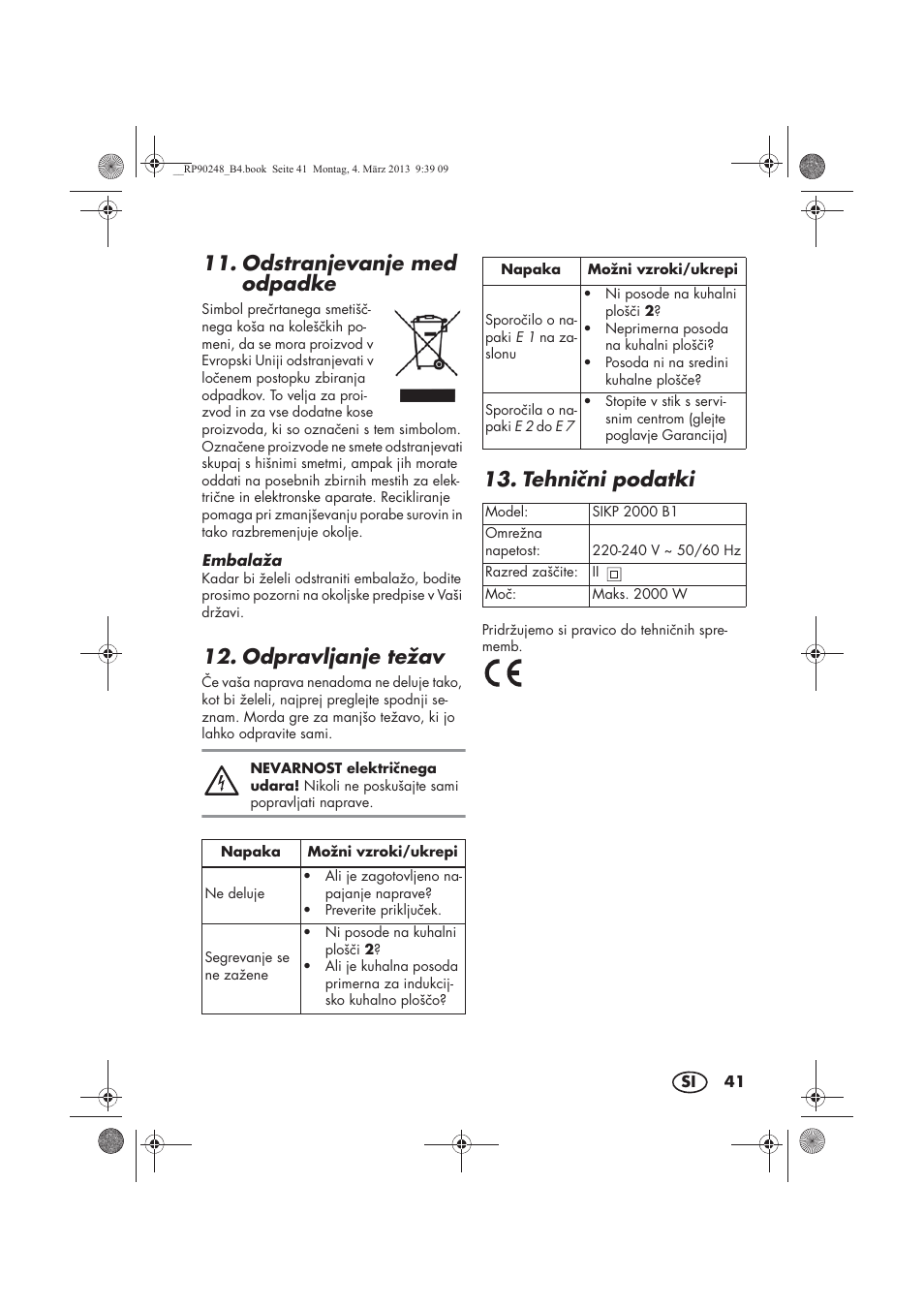 Odstranjevanje med odpadke, Odpravljanje težav, Tehnini podatki | Silvercrest SIKP 2000 B1 User Manual | Page 43 / 78