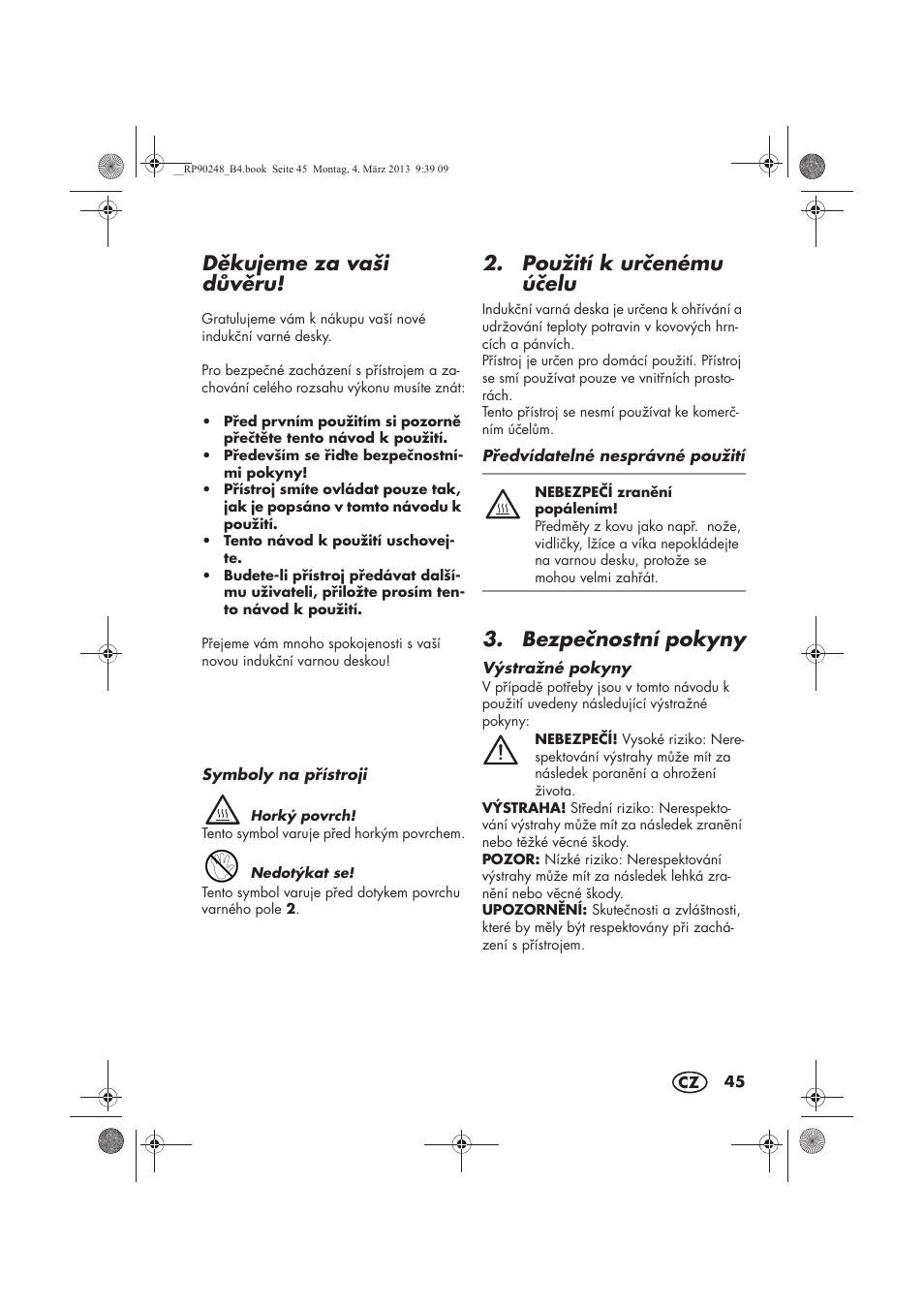 Dkujeme za vaši dvru, Použití k urenému úelu, Bezpenostní pokyny | Silvercrest SIKP 2000 B1 User Manual | Page 47 / 78