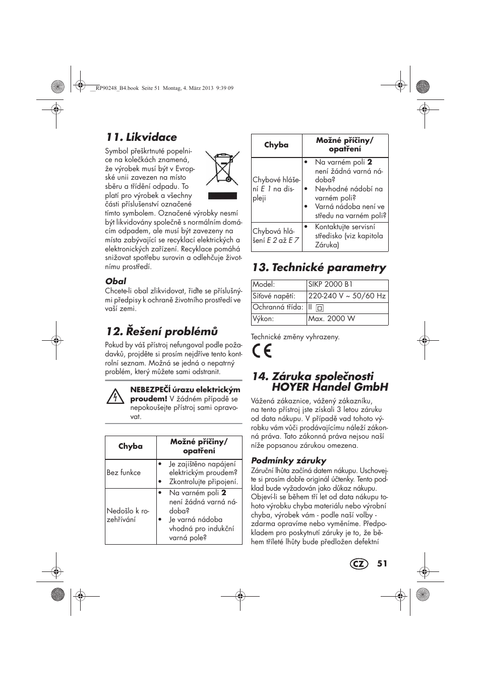 Likvidace, ešení problém, Technické parametry | Záruka spolenosti hoyer handel gmbh | Silvercrest SIKP 2000 B1 User Manual | Page 53 / 78