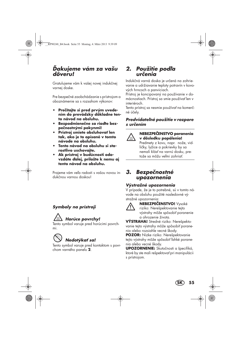 Akujeme vám za vašu dôveru, Použitie poda urenia, Bezpenostné upozornenia | Silvercrest SIKP 2000 B1 User Manual | Page 57 / 78