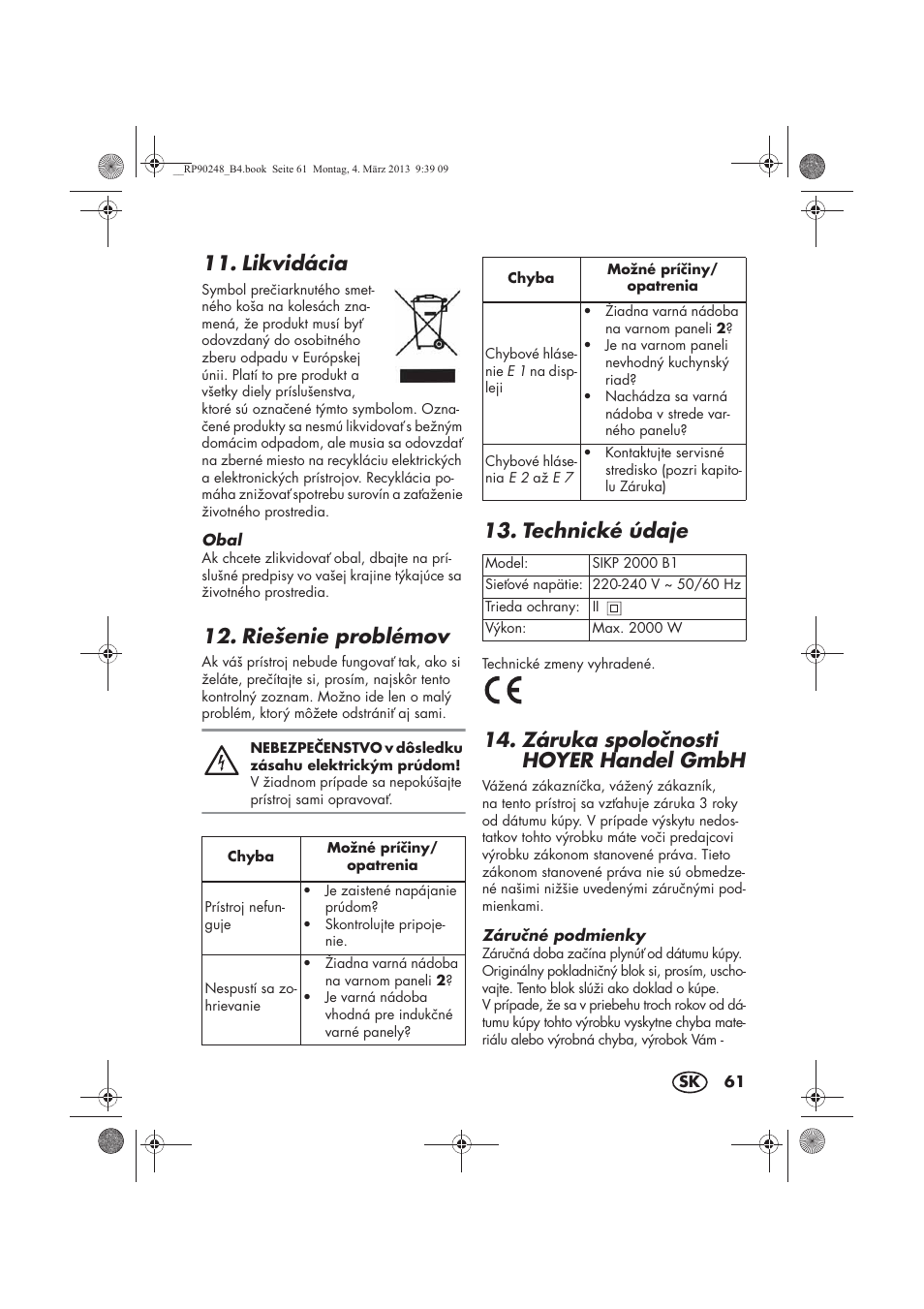 Likvidácia, Riešenie problémov, Technické údaje | Záruka spolonosti hoyer handel gmbh | Silvercrest SIKP 2000 B1 User Manual | Page 63 / 78
