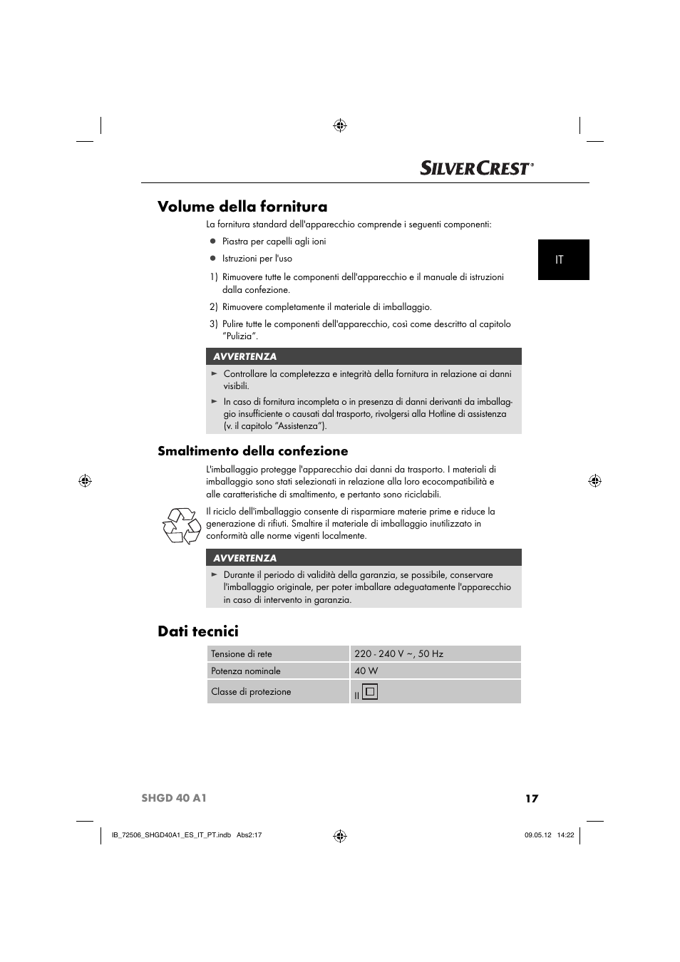 Volume della fornitura, Dati tecnici, Smaltimento della confezione | Silvercrest SHGD 40 A1 User Manual | Page 19 / 61