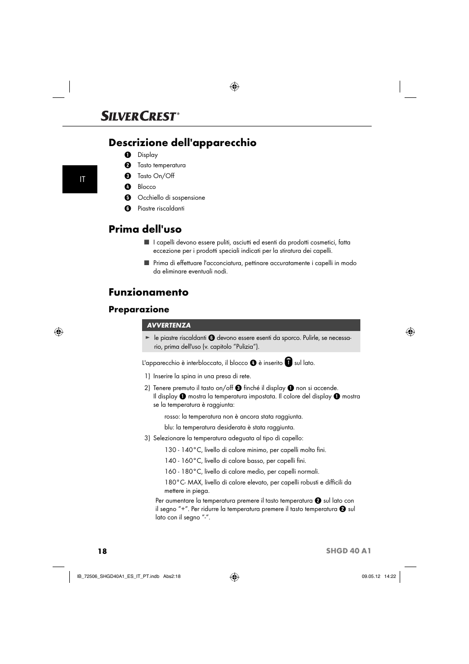 Descrizione dell'apparecchio, Prima dell'uso, Funzionamento | Preparazione | Silvercrest SHGD 40 A1 User Manual | Page 20 / 61