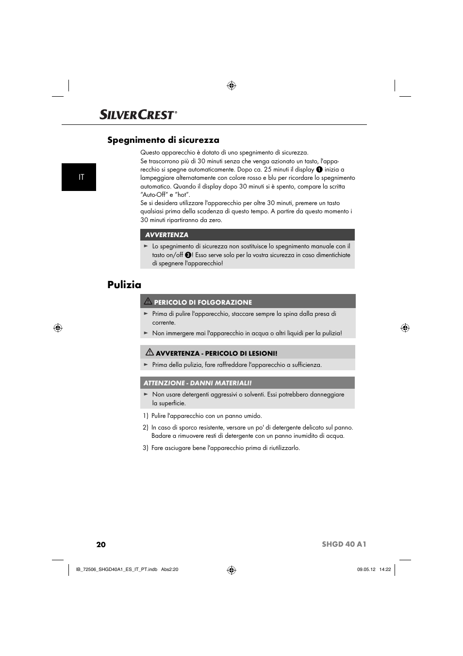 Pulizia, Spegnimento di sicurezza | Silvercrest SHGD 40 A1 User Manual | Page 22 / 61