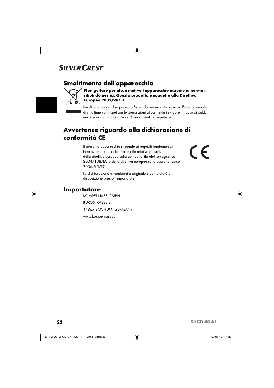 Smaltimento dell'apparecchio, Importatore | Silvercrest SHGD 40 A1 User Manual | Page 24 / 61