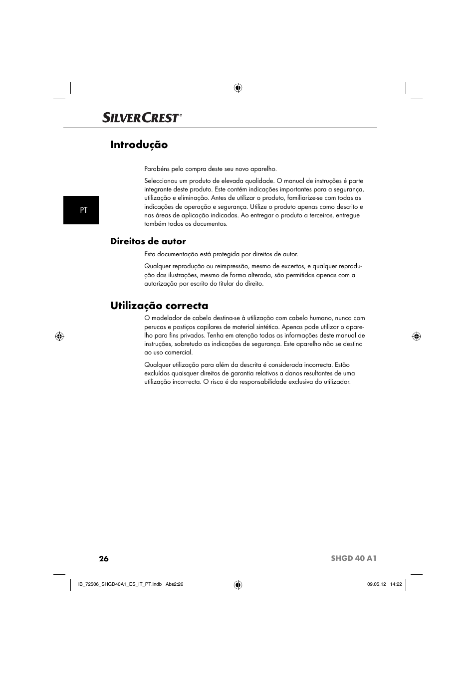 Introdução, Utilização correcta, Direitos de autor | Silvercrest SHGD 40 A1 User Manual | Page 28 / 61