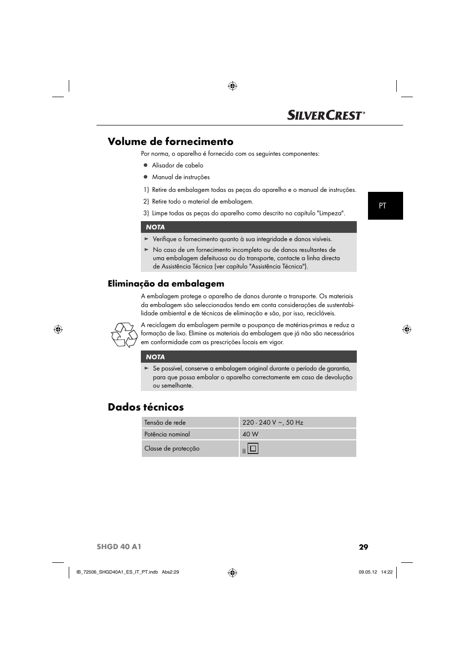 Volume de fornecimento, Dados técnicos, Eliminação da embalagem | Silvercrest SHGD 40 A1 User Manual | Page 31 / 61